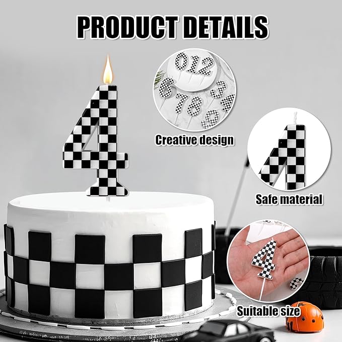 Racing Cars Themed Birthday Candle, Checkered Flag Number Candles Black and White Candles Happy Birthday Cake Topper Party Decorations for Boys Racing Cars Themed Party Supplies (Number 4)