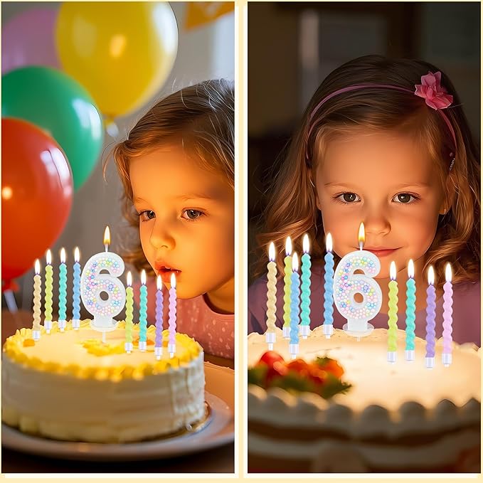 Number Birthday Candle with 12PCS Spiral Candles and A Birthday Card - Perfect for Celebrating Birthdays (Macaron Glitter, Number 6)