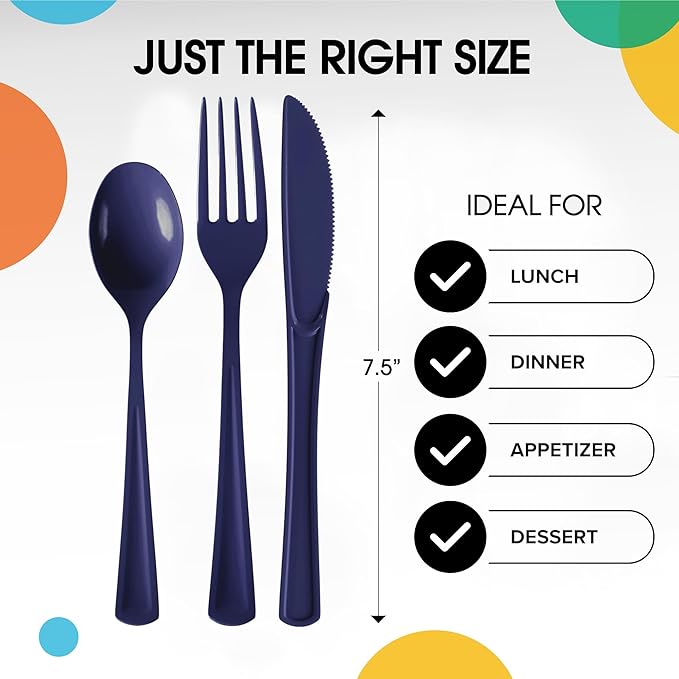 Party Solids Navy Plastic Silverware Heavy Duty 150 Pieces Navy Disposable Silverware Heavy Duty, Utensil Sets, 50 Of Each Forks, Knives & Spoons Disposable Cutlery Set For Party Supplies