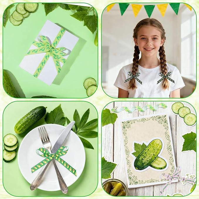 4 Rolls Pickles Ribbons, 5/8" x 20 Yard Cucumber Printed Grosgrain Ribbon Funny Pickle Party Decorations Green Pink Stripe Pickle Theme Craft Ribbons Kind of A Big Dill Theme Decoration
