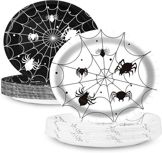 Halloween Spider Web Oval Paper Plates 10’’ x 12’’,Large Disposable Black White Spiderweb Tableware for Halloween Party Table Decor Supplies Tea Party Supplies,50 Guest