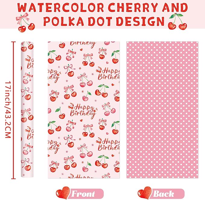 WERNNSAl Cherry Bow Wrapping Paper Roll- 1 Roll 17” x 33 ft Cherry Bow Tie Ribbon Gift Wrapping Paper for Girls Women Birthday Pink Birthday Wrap Paper with Polka Dot Design for Party Supplies