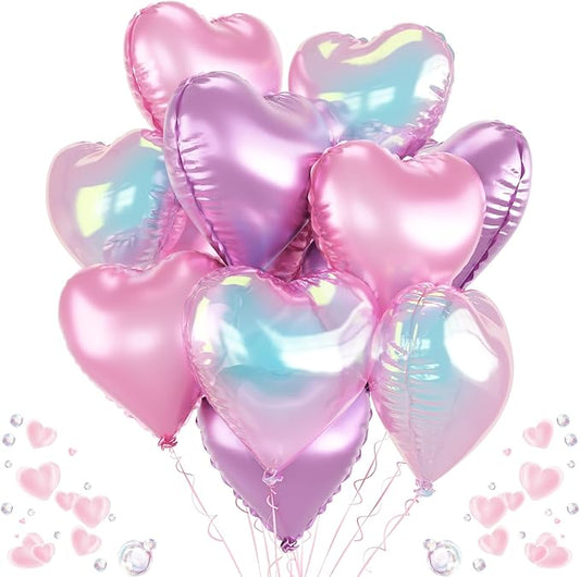 Pink Purple Iridescent Heart Balloons, 12 Pcs Light Pastel Pink Lavender and Transparent Crystal Heart Shape Foil Balloon for Princess Birthday Baby Shower Bachelorette Easter Mother’s Day Music Party