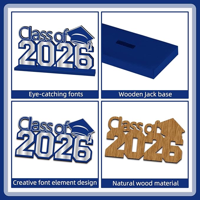 4Pcs Blue and Silver Graduation Decorations 2026 Congrats Grad Wooden Table Centerpieces Graduation Table Decorations for Class of 2026 Decorations
