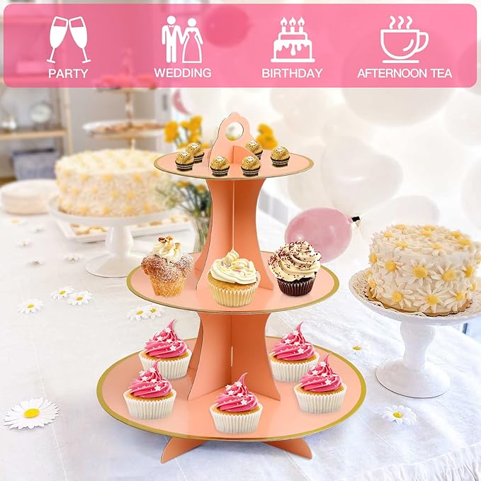 Soleebee 3-Tier Round Cupcake Stand, Cardboard Cupcake Tower, Dessert Cup Cake Stand Tower for Birthday Wedding Party Decoration, Cupcake Tier Stand 2 Set (Pink Gold)