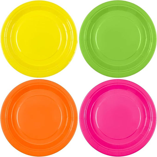 Breroa 72 Pieces Neon Paper Plates 7 Inch Bulk Paper Plates Disposable Round Dessert Plate Heavy Duty Solid Color Papers Plate Table Decors Party Supply for Birthday Party, Dinner Table, Wedding