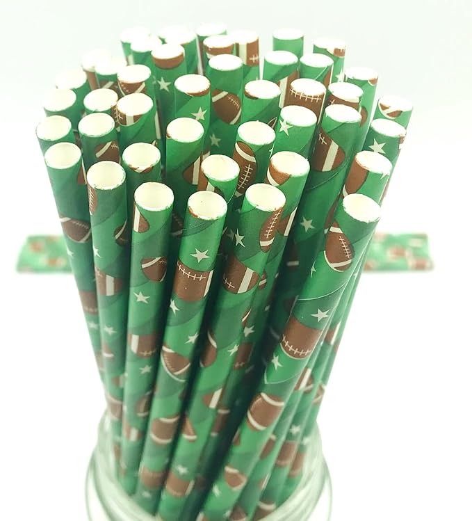 100 pcs Sports Party Paper Straws, Ombre Green Stripe White Star Brown Rugby Football Bar Soda Beer Drinking Straws, Cute Biodegradable Decor Game Day Cake Pop Sticks (Green With Football)