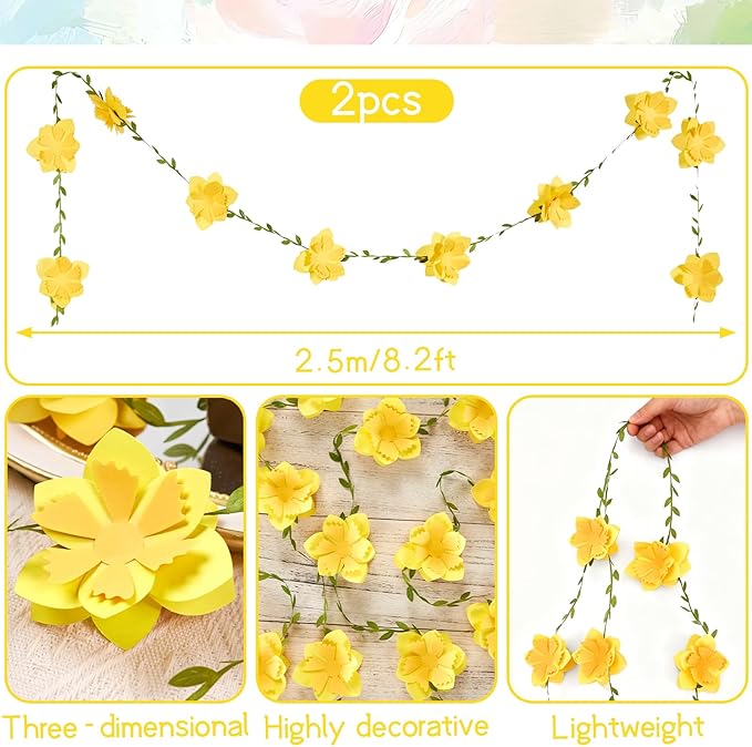 2PCS Yellow Flower Garland, Narcissus Party Decorations, Daffodil Flower Leaves Banner, Spring Wildflower Garland for Birthday Baby Shower Wedding Garden Decor