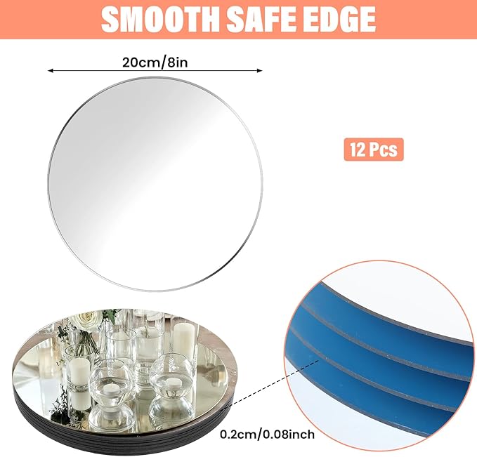 12PCS Round Mirrors for Centerpieces, 8" Acrylic Mirror Trays 2mm Thickness Mirror Centerpiece Table Decorations Candle Plate Centerpiece for Wedding Party Wall Decorations Crafts
