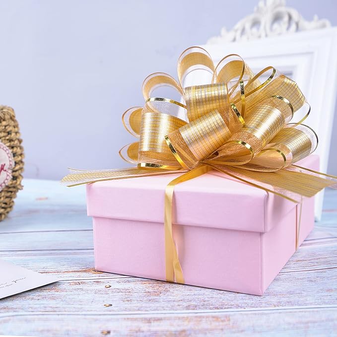 20 PCS Large Pull Bow Gift Wrapping Bows, Pull Bow with Ribbon for Wedding Gift Baskets, Party Gift Wrap Bows, Presents Decorating Bows (Gold)