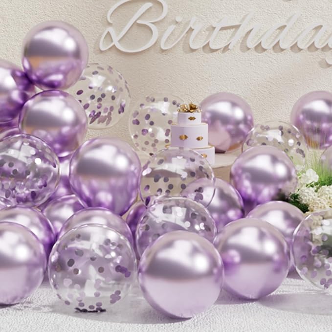 SUWEN Metallic Lavender Balloons and Confetti Balloons Set 47PCS Latex Helium Chrome Light Purple Balloon for Birthday Anniversary Party Decorations