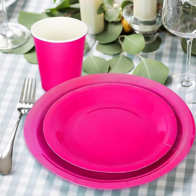 Whaline 100Pcs Hot Pink Pa rty Supplies Set Disposable Party Dinnerware Sets 50Pcs Paper Plates 25Pcs Napkin 25Pcs Cups for Wedding Birthday Party Supplies Table Decorations