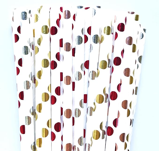 100 pcs Metallic Foil Polka Dot Paper Straws, Colorful Rose Golden Silver Red Drinking Straws, Holiday Birthday Party Bridal/Baby Shower Wedding Celebrations Swizzle Cake Pop Sticks (Metallic Dot 02)