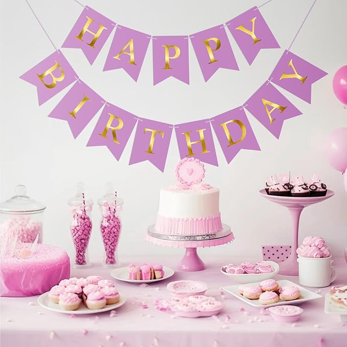 Happy Birthday Banner Birthday Party Banner NO DIY Happy Birthday Sign Pre-Strung Birthday Hanging Decoration for Women Men Girl Boy Party Supplies (Purple and Gold)