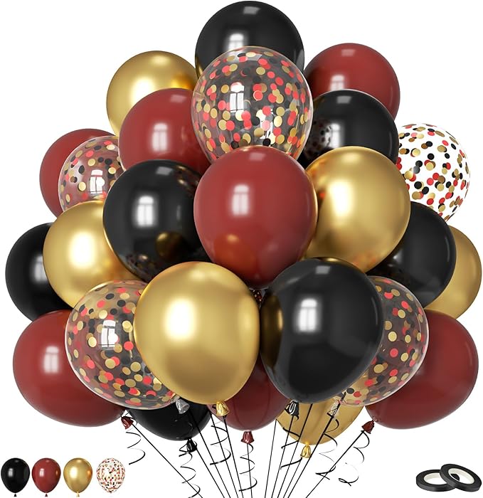 Burgundy Gold Balloons, 60Pcs Burgundy Balloon, 12 Inch Metallic Gold Wine and Black Latex Balloons for Birthday Party Bachelorette Graduation Anniversary Bridal Shower Celebration Party Decorations