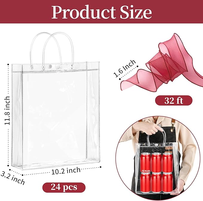 Jutieuo 24 PCS Clear Gift Bags with Handles, 10.2 x 11.8 x 3.2 Inches Reusable Plastic Goodie Bag Transparent Party Favor Bags Bulk for Weddings Birthdays Events, Classrooms & Celebrations