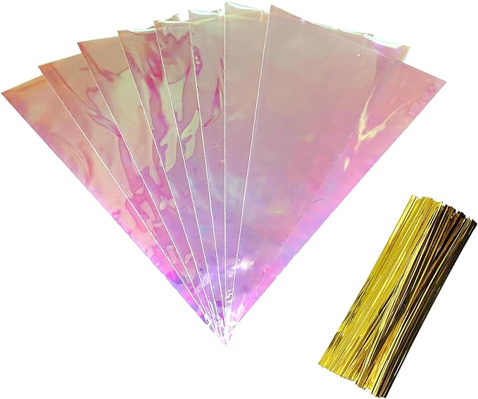 FERENLI 50 Pcs 10x15.9 inch Cone Shaped Iridescent Holographic Cellophane Treat Bags with Twist Ties Plastic Goodie Bags for Candy Popcorn Snack Birthday Party Favors Packaging (Iridescent Clear)