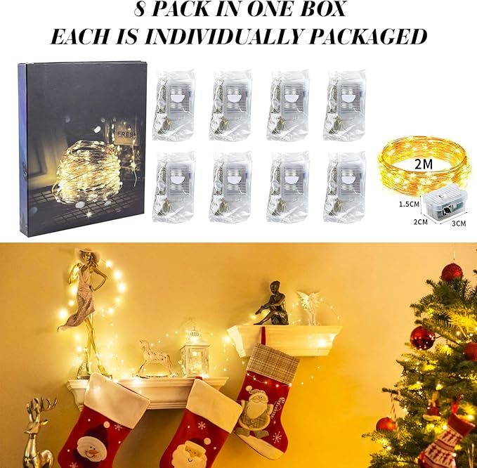8 Pack Fairy Lights Battery Operated, 7FT 20 Mini LED Fairy Lights Silver Wire Twinkle Lights for DIY, Parties, Wedding, Bedroom, Christmas Decoration (Warm White)