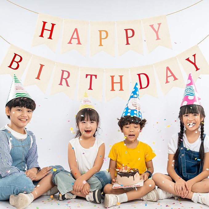 Doumeny Happy Birthday Burlap Banner Boho Birthday Garland Banner Red Bohemian Theme Hanging Bunting White Happy Birthday Bunting Garland Colorful Birthdays Sign Flag for Women Men Kid Party Backdrop