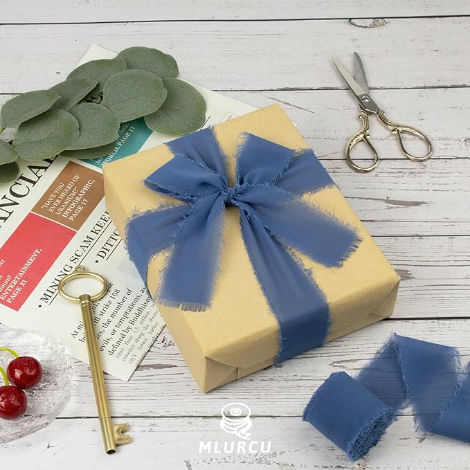 Slate Blue Chiffon Ribbon - 1-1/2 Inch x 21 Yards, Handmade Fringe, Silk, Boho Frayed, Dark Blue, Gift Wrapping, Wedding Invitation, Bridal Flower Bouquets