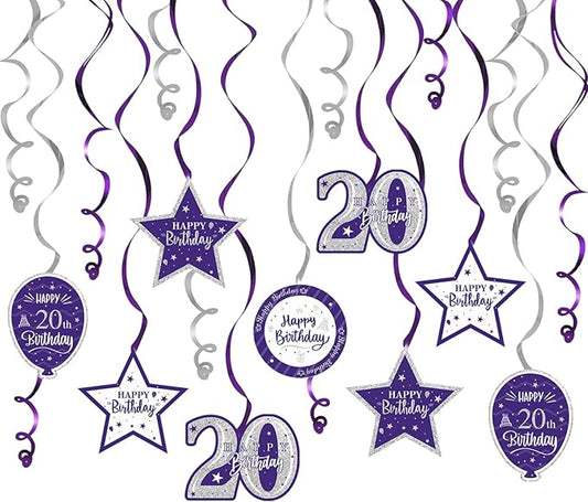 Happy 20th Birthday Purple & Silver Glitter Swirls Streamers Party Decorations - 15 Pcs 20th Birthday Hanging Swirls Streamers Kit,Cheers to Twenty Years Old Bday Party Sign.