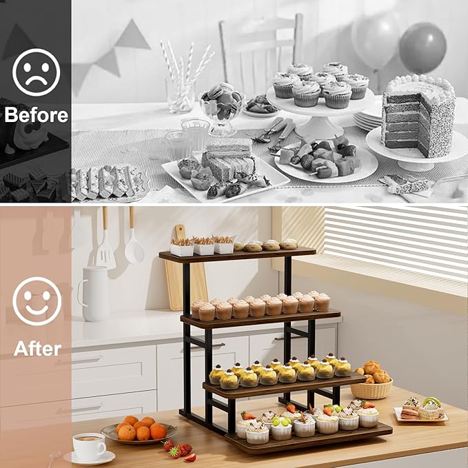 Cupcake Stand for 50 Cupcakes 4 Tiered Tray Stand for Food Cookie Wooden Dessert Display Risers for Party Wedding Buffet Stepped Risers Display Stands for Vendor Farmers Market Display, Walnut