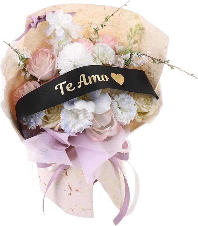 Set of 12 Bouquet Banner Grosgrain Ribbon Tie Wrap Printed Sash Florist Bulk Supply for Floral Arrangements (Black - TE AMO)