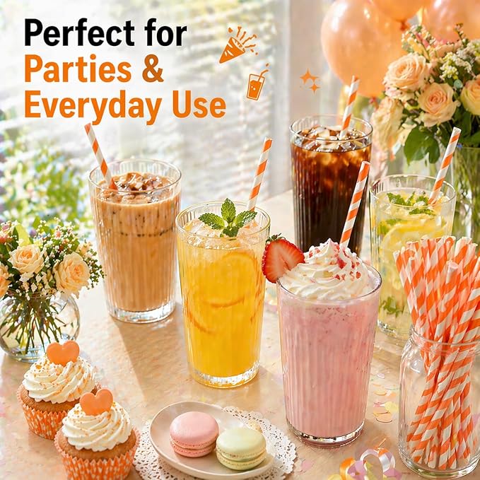 100 Pack Orange and White Striped Paper Straws, 7.75" Disposable Drinking Straws, Paper Party Straws for Halloween, Birthday, Bridal Shower and New Year Supplies