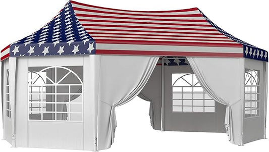 Outsunny 22.3 x 16.4 ft Party Tent, Heavy Duty Event Tent with Sidewalls, 2 Doors and 6 Windows, Outdoor Gazebo Shelter for Wedding, Party, American Flag