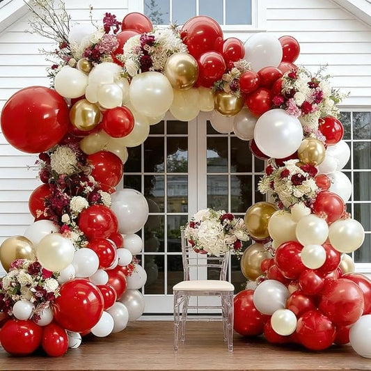 Red White Gold Balloon Garland Double Stuffed Burgundy Red White Sand Pearl Balloon Arch Kit Maroon Wine Balloons for Birthday Bridal Shower Wedding Anniversary Graduation Party Decorations