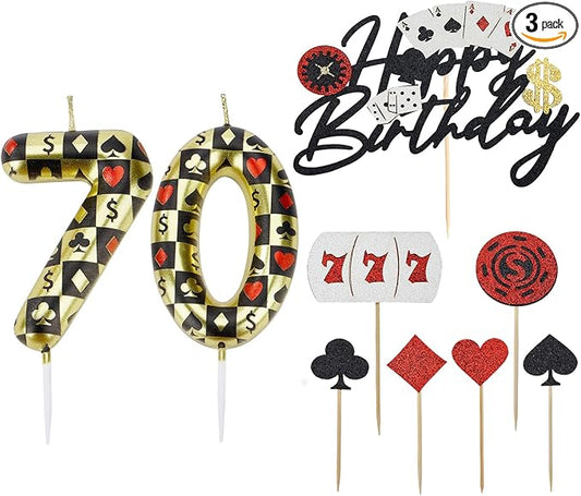 Casino Birthday Number Candles for Cake, Poker Birthday Candles for Casino Themed Birthday Party Decoration, Glitter Casino Birthday Cake Topper for Casino Night Theme Birthday Cake(Number 70)