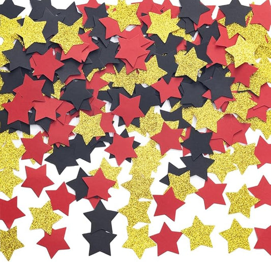 MOWO Gold Black and Red Star Confetti Table Decoration for Birthday Graduation Retirement Theme Party,1.2 inch in Diameter,200 Counts