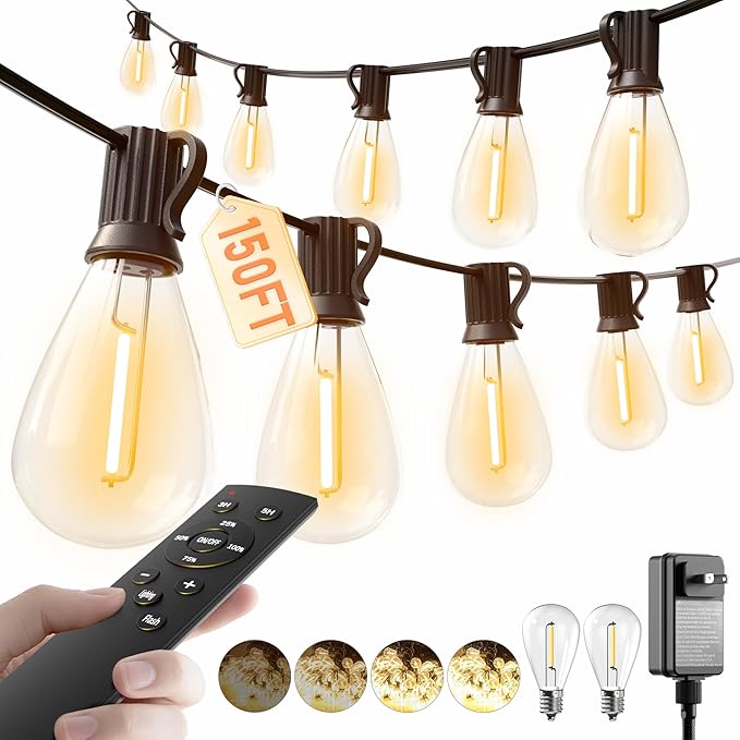 luckystyle 150FT LED Outdoor String Lights with Remote, 55+2 Shatterproof Bulbs Waterproof and Dimmable Patio Lights for Porch, Garden, Backyard, Deck, Balcony, 2200K Hanging Lighting