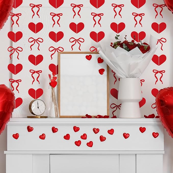 TaoBary 8 Pack Valentine's Day Red Heart Garland 6.56 ft Pre Strung Bow Bunting Banner Romantic Love Streamer Paper Hanging Decorations for Home Office Anniversary Wedding Engagement Party Decor
