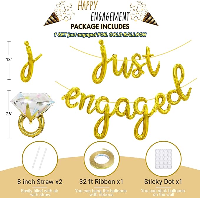 Just Engaged Gold Balloons Banner 18Inch Mylar Letter Balloons with Diamond Ring Balloon for Engagement Party Decorations Congratulations Engaged Bridal Shower Wedding Decor Proposal Decorations