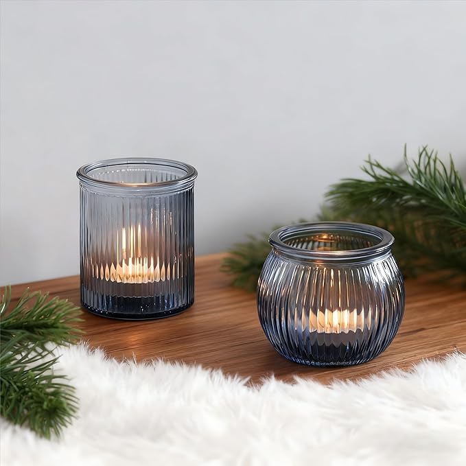 NITIME 12pcs Assorted Blue Votive Candle Holders for Wedding Decor, Ribbed Tea Lights Candle Holder, Glass Candle Holder for Table Centerpiece, Party and Holiday Decorations