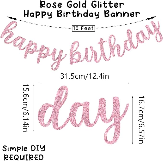 Glitter Happy Birthday Banner Sign, Reusable Birthday Celebration Garland Hanging Decorations, Wall Backdrop Banners DIY Party Supplies for Girls, Women (Rose Gold)