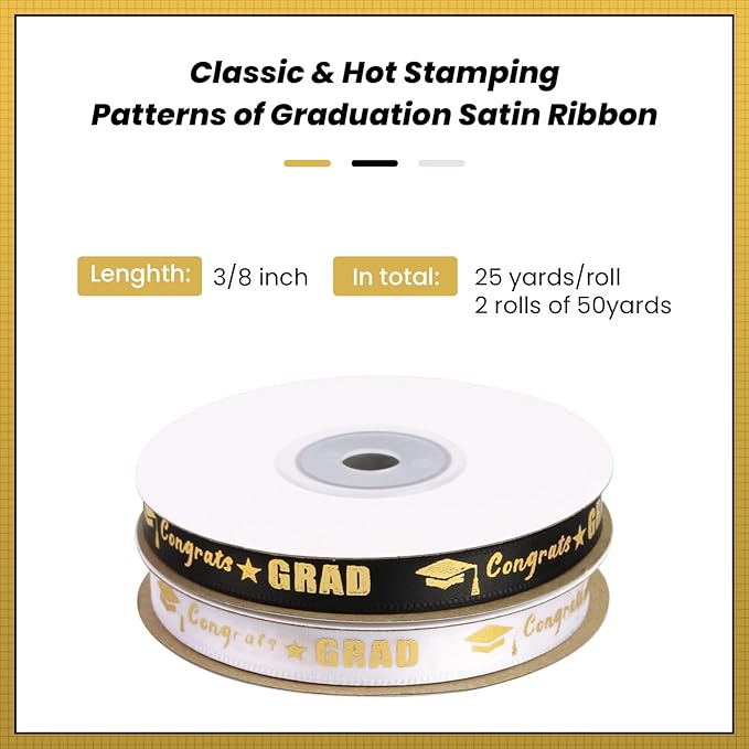 2 Rolls 50 Yards Graduation Ribbon 3/8 Inch Wide, Congrats Grad Gold Satin Ribbon for Gift Wrapping Class of 2026 Graduation Party Decorations DIY Crafts