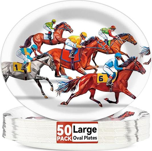 Qyeahkj 50 PCS Kentucky Horse Oval Paper Plates - Large 11' Disposable Party Decorations for Kentucky Horse Party Tableware Set