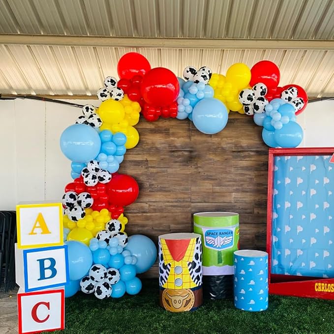 Blue Red Yellow Balloons, 60pcs 12 Inches Cow Pattern Cloud Yellow Red Blue with 1 Ribbon for Birthday Baby Shower Party Decorations