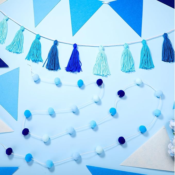 Irenare 9.8 ft Pom Pom Garland Felt Rainbow Garland 2026 Graduation Party Decoration Colorful Pennant Tassel Banner Back to School Birthday Triangle Banner for Classroom School Mantel(Blue)