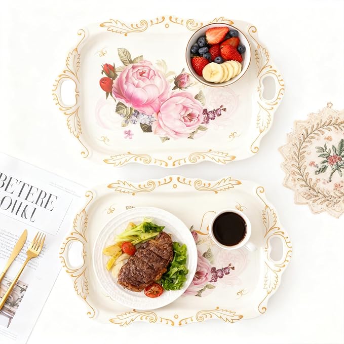 3 Pack Melamine Serving Tray, Stackable Design with Handles for Daily Use, Durable Large Platter Featuring Floral Print Suitable for Home, Party, Restaurant Decor, 16x11 Inch Rectangle Style