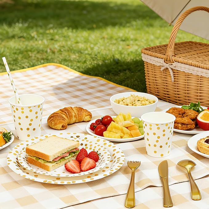 Party Supplies 402pcs White & Gold Plates and Napkins Sets - Disposable Dinnerware Sets for 50 Guests with Paper Plates Cups Straws Plastic Cutlery 2 Tablecloths - Bridal Shower Birthday Wedding