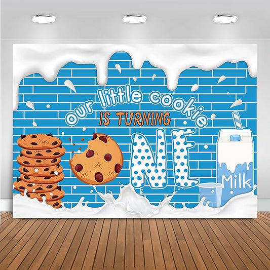 Mocscika Our Little Cookie is Turning One Backdrop Cookie Milk 1st Birthday Party Decoration for Boys Kids Blue Wall Decor Photography Background (White, 8x6ft(96''x72''))