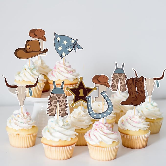 48 Pcs Cowboy 1st Birthday Cupcake Toppers My First Rodeo Birthday Party Deocration 1St Birthday Party Decorations for Boy baby shower Rodeo Theme Party Deocrations