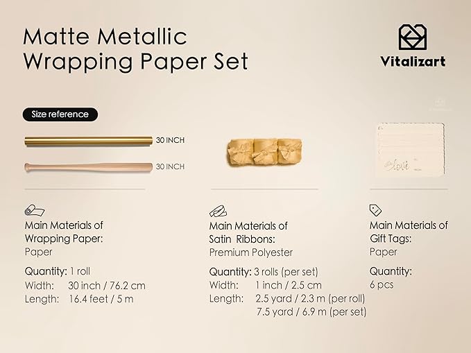 Vitalizart Gold Matte Metallic Wrapping Paper Set 30" With Silk Satin Ribbon & Gift Tags Christmas Gift Wrapping Birthday Baby Shower Wedding Bouquets Handmade Crafts 197"(16.4 Ft) Gold Ribbon