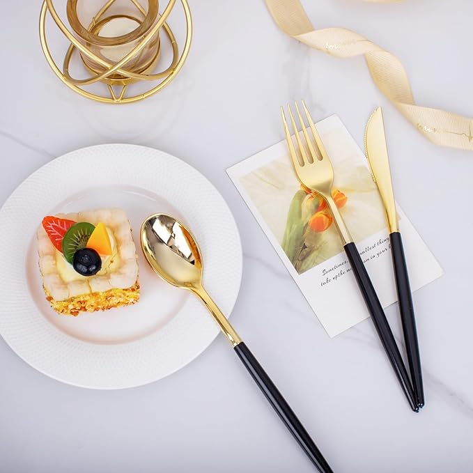 I00000 60 Pack Gold Silverware Set with Black Handle,Heavy Duty Black Plastic Cutlery Include 20 Forks 20 Knives 20 Spoons, Plastic Utensils Set for Party