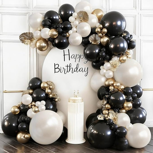 Black and Gold Balloon Arch Kit, Double Stuffed 129 Pcs Gold and Black Balloons Garland with Black Pearl White Sand Ivory Chrome Gold Balloons for Wedding Birthday Event New Year's Party Decoration