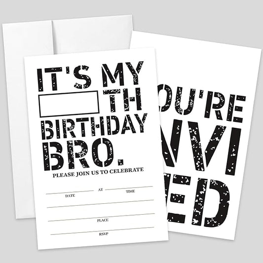 AEHIE 20 Sets Teen Boys Birthday Party Invitations With Envelopes, Black and White Double-sided Printed Birthday Party Invitation Invite Cards for Teen Boy Kids,Boys Birthday Party Invites