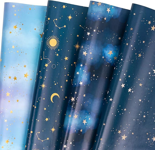 WRAPAHOLIC Neutral Galaxy Birthday Wrapping Paper Sheet - 12 Sheets Folded Flat with 12 Gift Tags for Birthday, Baby Shower, Father's Day, Christmas - 19.7 Inch X 27.5 Inch Per Sheet